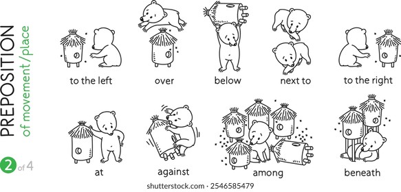 Preposition of place. Funny bears cartoon set