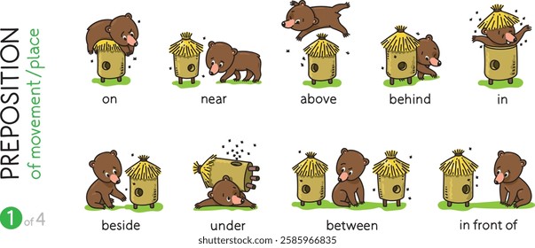 Preposition of place. Funny bears cartoon set