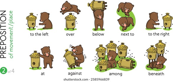 Preposition of place. Funny bears cartoon set