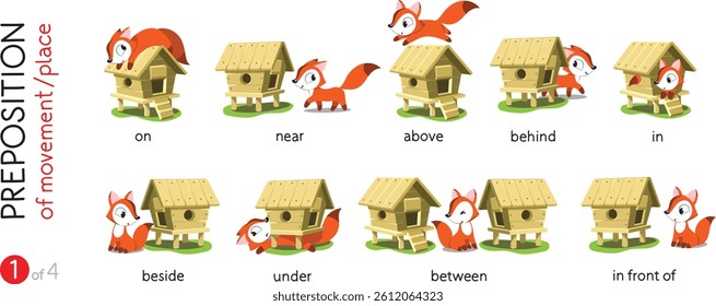 Preposition of place. Funny foxes cartoon set