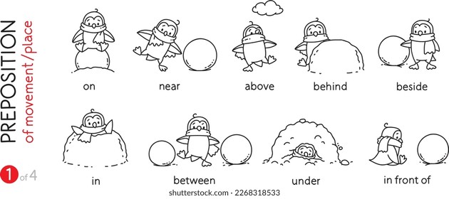 Preposition of place. Funny penguins cartoon set