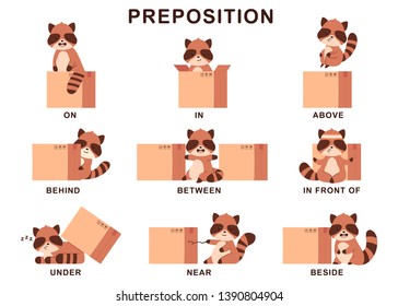 Preposition of place illustration with cute raccoon and box. Vector cartoon set isolated on a white background.