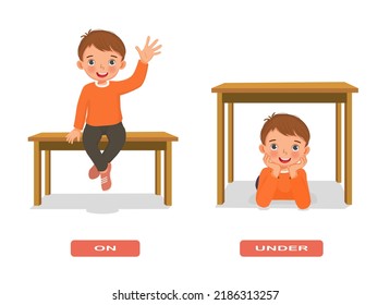 Preposición de ilustración de lugar niño pequeño sentado sobre y debajo de la mesa palabras flashcard en inglés para educación