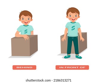 Preposition of place illustration little boy standing behind and in front of the box English vocabulary words flashcard set for education