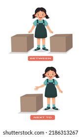 Preposition of place illustration little girl standing between and next to the box English vocabulary words flashcard set for education