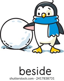 Preposition of place. Penguin beside the snowball