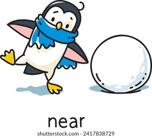 Preposition of place. Penguin near the snowball