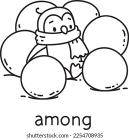 Preposition of place. Penguin sitting among snowballs