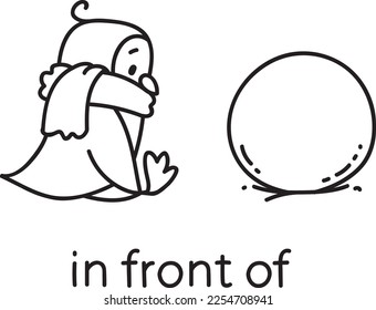 Preposition of place. Penguin sitting in front of the snowball