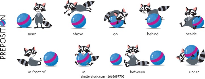 Preposition of place set. Raccoon and ball