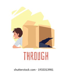 Lugar de preposición con niño gracioso que usa caja de cartón demostrando su posición. Reglas para el estudio del idioma inglés por vocabulario preescolar. Ilustración vectorial plana.