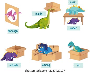 Conjunto de preposición con dinosaurios e ilustración de cajas