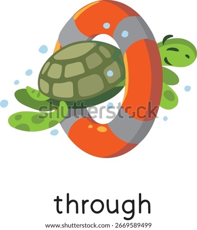 Preposition. Turtle jumping THROUGH the lifebuoy