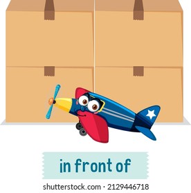 Preposición de la tarjeta de palabras con el avión delante de la ilustración de la caja