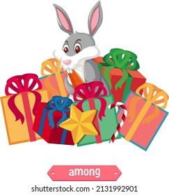 Preposition wordcard with bunny and boxes illustration