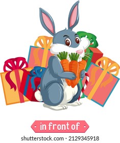 Preposition wordcard with bunny and present boxes illustration