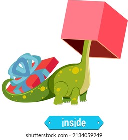 Preposition wordcard design with dinosaur inside box illustration