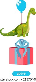 Preposition wordcard with dinosaur above box illustration