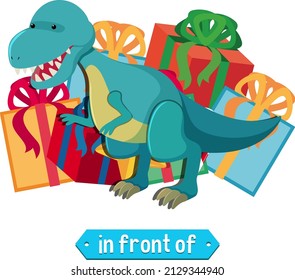 Preposition wordcard with dinosaur and present illustration