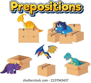 Preposition wordcard with dinosaurs and boxes illustration