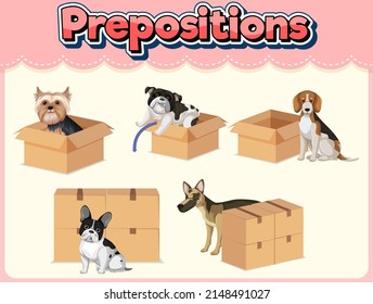Preposición de la tarjeta de palabras con la ilustración de perros y cajas