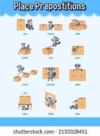 Preposition wordcard with raccoon and boxes illustration