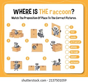 Preposition wordcard with raccoon and boxes illustration