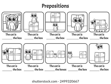 Prepositions with a cat as the model, english learning for kids, cute hand drawn pictures, fill the blanks, color yourself