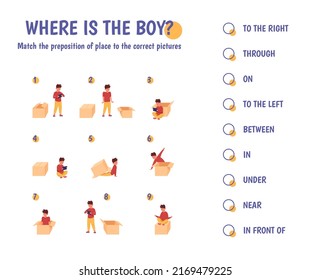 Prepositions Game. Preschool Learning English Grammar, Teaching Topologia Worksheet For Educational Activity Children Kindergarten Learn Vocabulary Vector Illustration. English Preschool Education