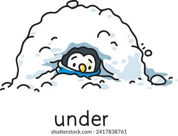 Prepositions. Penguin is lying under a snowdrift