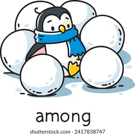 Prepositions. Penguin sitting among snowballs