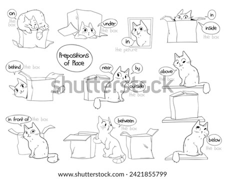 Prepositions of place. English prepositions. A clear example with a cat and a box. on, in, inside, outside, under, front, above, below, right, left, behind, between, near, by. Cartoon character. Set