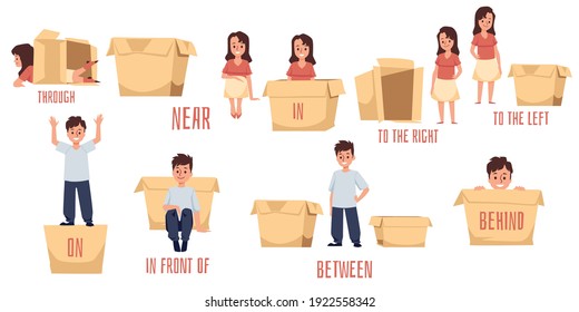 Prepositions of place and motion direction for education. English grammar in pictures to explain preposition using, flat vector illustration isolated on white background.