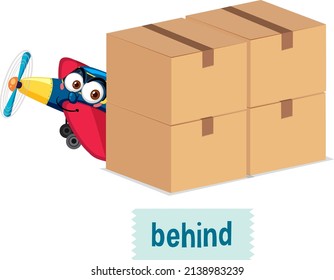 Diseño de tarjetas de palabras de preposición con ilustración de avión y cajas
