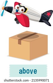 Prepostion wordcard design with airplane flying illustration