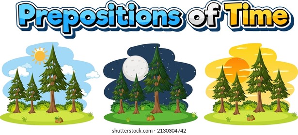 Diseño de tarjetas de palabras de preposición con ilustración de diferentes horas del día