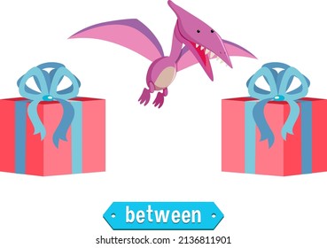 Prepostion wordcard design with dinosaur between boxes illustration