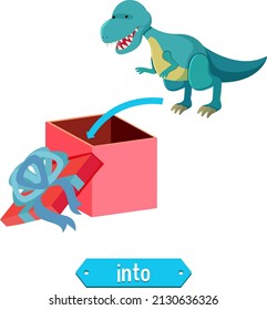 Prepostion wordcard design with dinosaur and box illustration