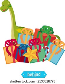 Prepostion wordcard design with dinosaur and boxes illustration