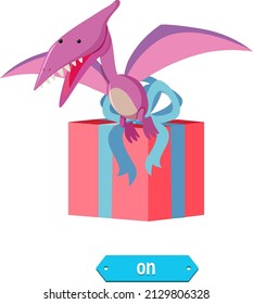 Prepostion wordcard design with dinosaur on box illustration