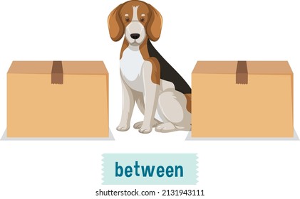 Prepostion wordcard design with dog between boxes illustration