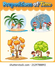 Prepostion wordcard design with four seasons illustration