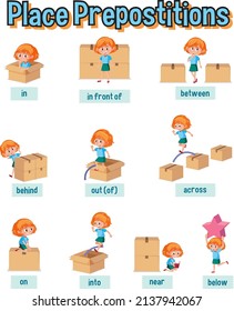 Prepostion wordcard design with girl and box illustration