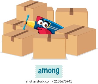 Prepostion wordcard design with plane among boxes illustration