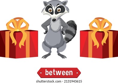 Prepostion wordcard design with raccoon between boxes illustration