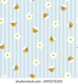 Preppy bee with daisies flowers seamless pattern on vertically striped background. Vector cute cartoon hand drawn illustration. Ideal textile printing, baby clothes, wallpaper, packaging, scrubbing