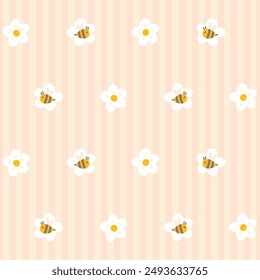 Preppy bee with daisies flowers seamless pattern on vertically striped background. Vector cute cartoon hand drawn illustration. Ideal textile printing, baby clothes, wallpaper, packaging, scrubbing