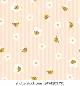 Preppy bee with daisies flowers seamless pattern on vertically striped background. Vector cute cartoon hand drawn illustration. Ideal textile printing, baby clothes, wallpaper, packaging, scrubbing