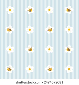 Preppy bee with daisies flowers seamless pattern on vertically striped background. Vector cute cartoon hand drawn illustration. Ideal textile printing, baby clothes, wallpaper, packaging, scrubbing