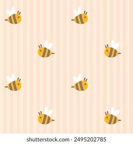 Patrón sin fisuras de abeja preppy sobre fondo rayado verticalmente. Vector lindo dibujo animado dibujado a mano ilustración. Ideal para la impresión textil, ropa de bebé, Fondo de pantalla, embalaje, cuadernos, scrapbooking